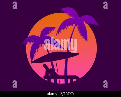 Beach umbrella with sun lounger and palm trees at sunset. Retro futuristic sun with palm trees. Design for banners, posters and promotional items. Vec Stock Vector