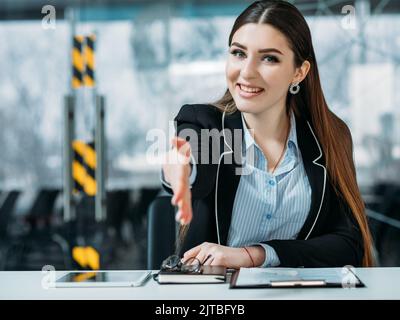 friendly hr portrait smiling intern welcoming hand Stock Photo