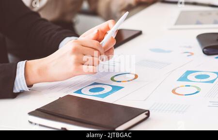 business meeting analysis paperwork female hands Stock Photo