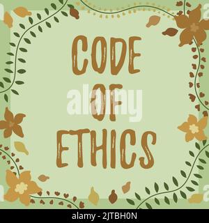 Sign displaying Code Of Ethics. Internet Concept Moral Rules Ethical Integrity Honesty Good procedure Woman Holding Tablet With Power Button Sign And Stock Photo