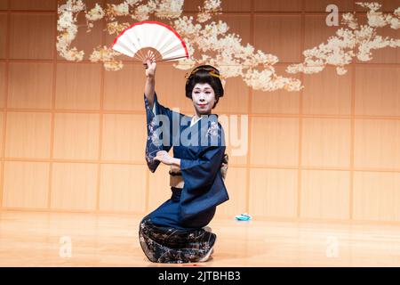 A Japanese geisha wearing a kimono, performs a traditional fan dance at the Kanda Myojin Shrine, in Chiyoda, Tokyo, Japan. Stock Photo