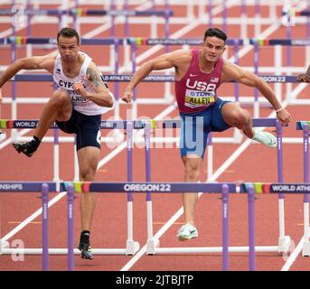 Milan Trajkovic of Cyprus and Devon Allen of the USA competing in the men’s 110m hurdles heat 5 at the World Athletics Championships, Hayward Field, E Stock Photo