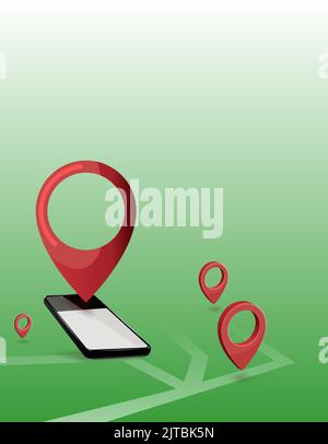 Vector isometric illustration of map with geo tag pin icon. Stock Vector