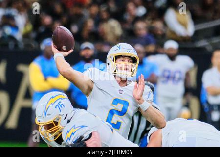 Houston, USA. October 2, 2022: Chargers quarterback Chase Daniel (4) on the  field during warmups before the start of an NFL game between the Texans and  the Chargers on Oct. 2, 2022