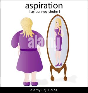 Losing Weight Concept of Illustration Heavy Lady seeing reflection in Mirror of a thin new her. Stock Photo