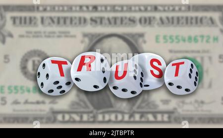 Dices spelling TRUST with blurred one dollar note in the background. Stock Photo