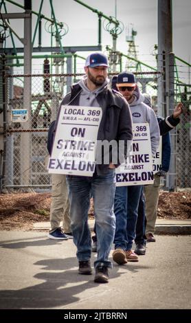 The workers in Boston walk the picket line during a worker's strike Stock Photo