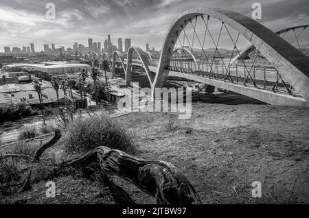 A dramatic look at LA's newly constructed 6th street bridge in black and white Stock Photo
