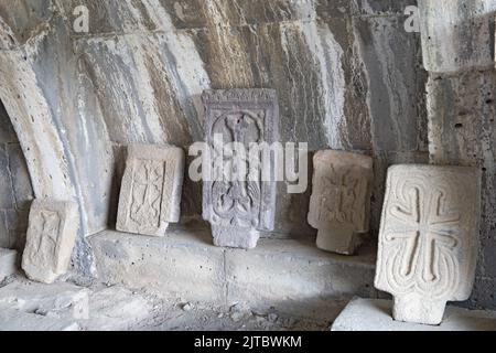 Armenian cross stones (khatchkar, khatchkars) in the Christian monastery of Haghpat Stock Photo