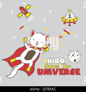 A vector of a cartoon cat isolated on the grey background with hero saves the universe editable text Stock Vector