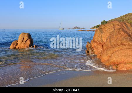 Moorea Beach (Plage Moorea) at sunrise near Ajaccio (Corse-du-Sud) on the island of Corsica, France Stock Photo