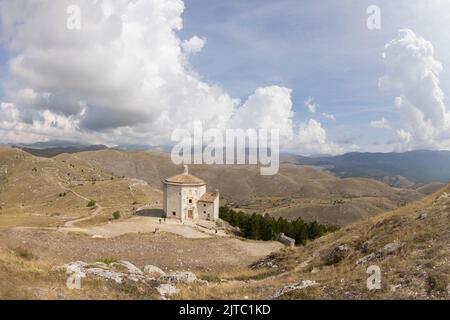 Castle ruins on mountain top at Rocca Calascio, italian travel destination, landmark in the Gran Sasso National Park, Abruzzo, Italy. Stock Photo