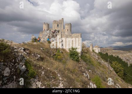 Castle ruins on mountain top at Rocca Calascio, italian travel destination, landmark in the Gran Sasso National Park, Abruzzo, Italy. Stock Photo