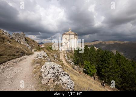 Castle ruins on mountain top at Rocca Calascio, italian travel destination, landmark in the Gran Sasso National Park, Abruzzo, Italy. Stock Photo