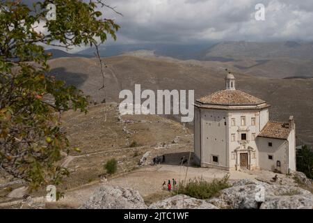 Castle ruins on mountain top at Rocca Calascio, italian travel destination, landmark in the Gran Sasso National Park, Abruzzo, Italy. Stock Photo