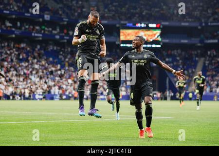 Karim Benzema of Real Madrid celebrates a goal with David Alaba during the Spanish championship La Liga football match between RCD Espanyol and Real Madrid on August 28, 2022 at RCD Stadium in Cornella, Spain - Photo: Xavi Bonilla/DPPI/LiveMedia Stock Photo