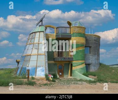 Earthship biosphere house in the desert in Tres Piedras near Taos, New Mexico Stock Photo