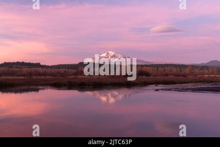 Beautiful Golden Hour View of Mt Adams from Trout Lake Meadows in Washington State, USA Stock Photo