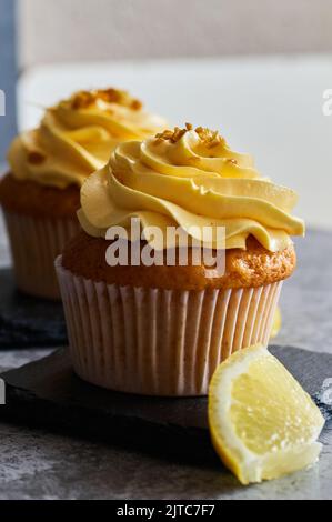 lemon cream cake with fruit slices Stock Photo
