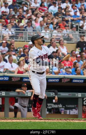 Minneapolis, US, August 28 2022: Minnesota shortstop Carlos Correa (4) hits a double during the game with San Francisco Giants and Minnesota Twins held at Target Field in Minneapolis Mn. David Seelig/Cal Sport Medi Stock Photo