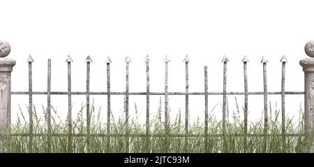 Decrepit old spooky fence with grass, isolated on white. Fence of graveyard or old castle. 3D image Stock Photo