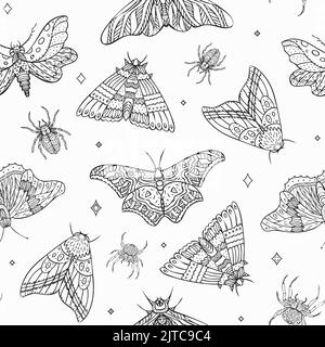 Seamless pattern of vector night butterflies and spiders. Vector illustration Stock Vector