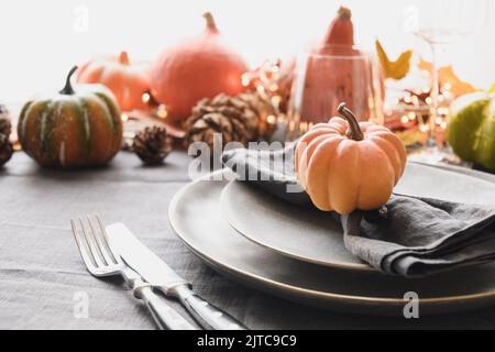 Thanksgiving day dinner decorated fallen leaves, pumpkins, spices, grey plate. Stock Photo
