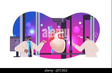 researchers prints heart model on 3d bio printer medical printing of human transplantation organ biological engineering Stock Vector