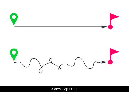 Straight and curved ways from start map pins to finish flags. Fast and slow delivery, easy and hard plan, short and long path, ideal and difficult life, goal achieving levels. Vector flat illustration Stock Vector