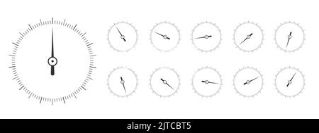 Set of round measuring scales with arrows in different positions. 360 degree templates of barometer, compass, circular ruler tool isolated on white background. Vector graphic illustration Stock Vector