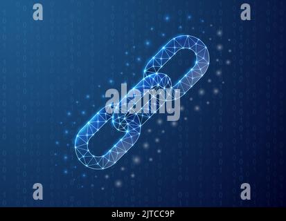 Chain polygonal symbol with binary code background. Chainlink concept design vector illustration. Blue Blockchain low poly symbol with connected dots Stock Vector