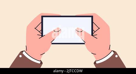 Hand holding smartphone with white screen. Mobile phone in two hands. Smartphones with a blank screen. Vector illustration. Stock Vector