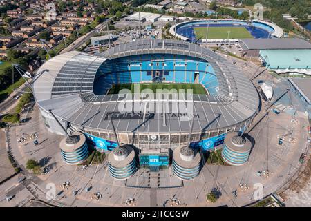 Manchester City, Etihad Stadium. Aerial Image. 12th August 2022. Stock Photo