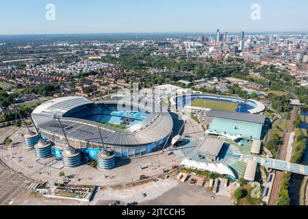 Manchester City, Etihad Stadium. Aerial Image. 12th August 2022. Stock Photo
