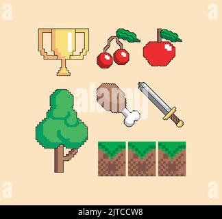 seven pixel art style icons Stock Vector
