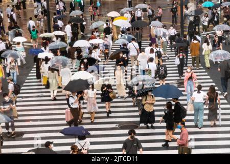 Pedestrians with umbrellas cross the multi-directional scramble crossing intersection known as the Shibuya Crossing in Shibuya Ward, Tokyo, Japan. The intersection is considered the busiest pedestrian intersection in the world. Stock Photo