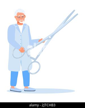 Doctor with surgical scissors. Medical tool, surgical equipment are shown. Stock Vector