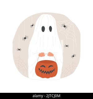 DIY costumes isolated cartoon vector illustration. Young kid wearing ghost costume and holding pumpkin in hands, public holiday celebration, Halloween atmosphere spirit vector cartoon. Stock Vector