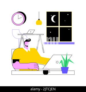 24 hour office access isolated cartoon vector illustrations. Concentrated man with laptop working in 24 hour smart office, business activity at late evening, modern workplace vector cartoon. Stock Vector