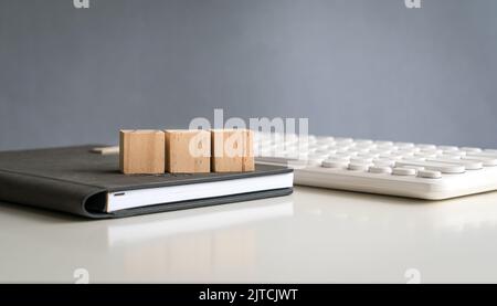 Three wooden cubes in row isolated on white background. Blank cubes ...