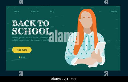 landing page template with globe, glasses and stack of textbooks.Back to school landing page template. Outline web banner on white backdrop. Vector outline illustration. Concept website page. Stock Vector