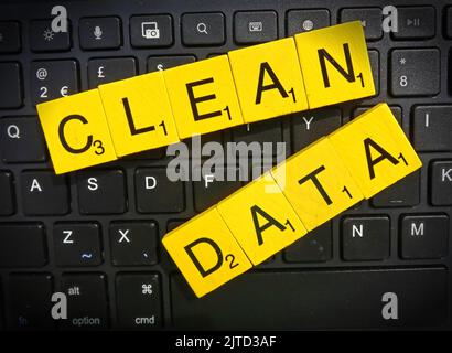 Data quality, spelled out in Scrabble letters - Clean data & data cleansing Stock Photo