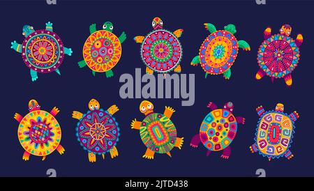 Bright mexican Mayan and Aztec turtle totems, tortoise animals with vector ethnic ornament pattern. Cartoon funny turtles with Mexico folk patch pattern and Mayan or Aztec tribal decoration Stock Vector