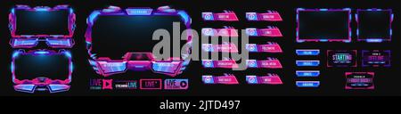 Overlay game stream interface, neon screen panel frames, vector live twitch UI buttons. Streamer gamer interface template , video stream tags and broadcast digital menu for FAQ, chat or music player Stock Vector