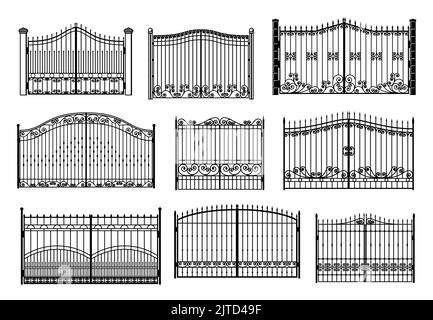 Iron gate and entrance metal fence with steel barriers, vector fencing wall. Metal fence gates or security wall with railing mesh and security spikes of garden park or private territory forged fence Stock Vector