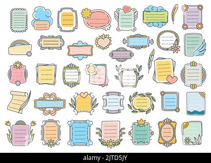 Bullet journal doodle frames, notes and diary calendar elements, vector memo note reminders. Journal bullet page stickers or calendar planner and notebook labels of to do list or agenda memo Stock Vector