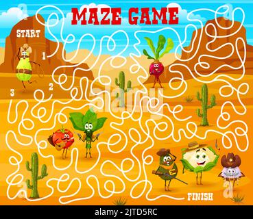 Labyrinth maze. Wild West cartoon cowboy, sheriff, bandit and robber ...
