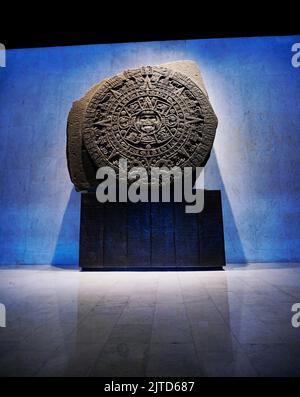 Piedra del Sol (Sun Stone) describing Aztec Life, Museum of Anthropology (Museo Nacional de Antropología), Mexico City, Mexico. Stock Photo