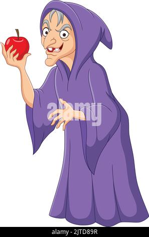 Cartoon old witch holding red apple Stock Vector