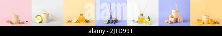 Collage with different reed diffusers on colorful background Stock Photo